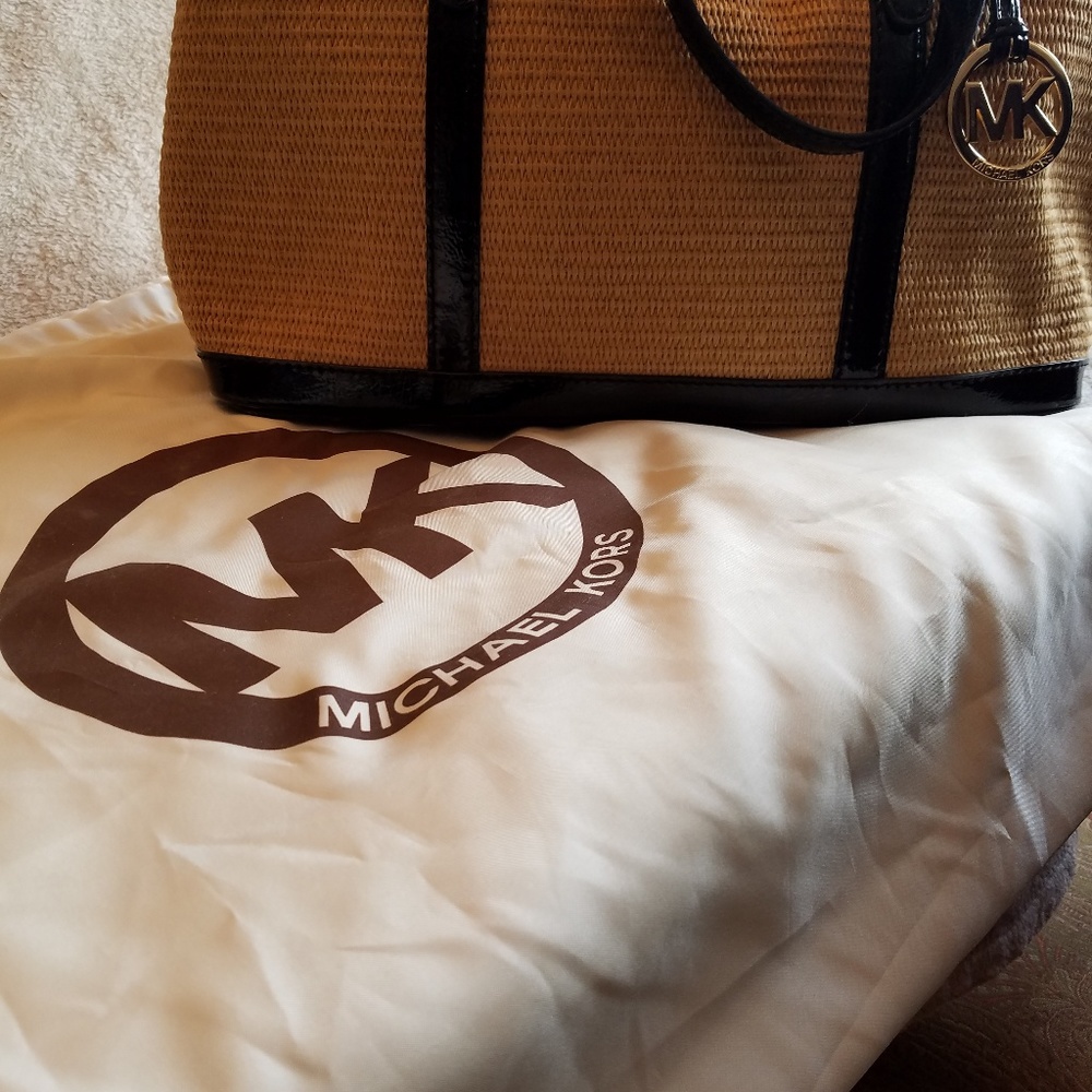 Michael Kors Black Patent/Woven Straw Tote